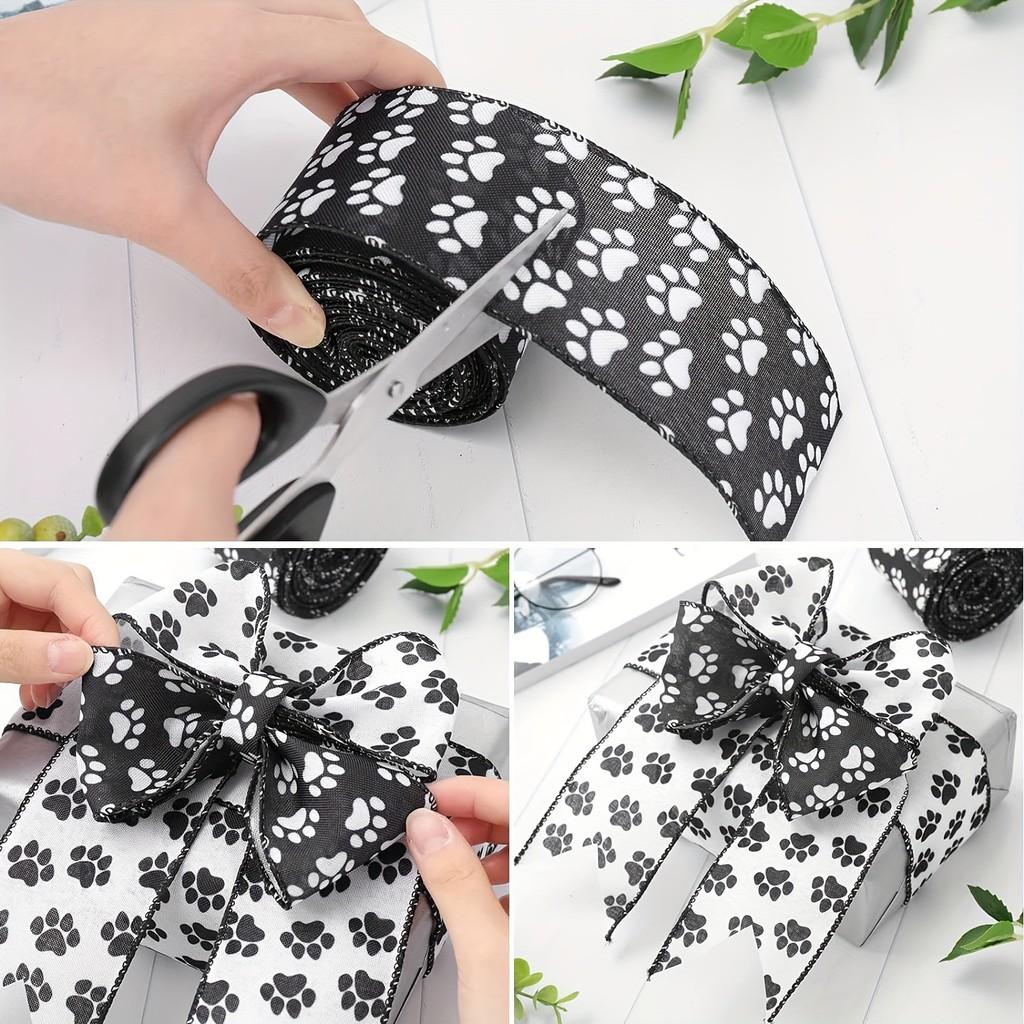 Highquality Satin White Ribbon Adorned With Black Paw Prints Ideal For Creative Crafts Petthemed