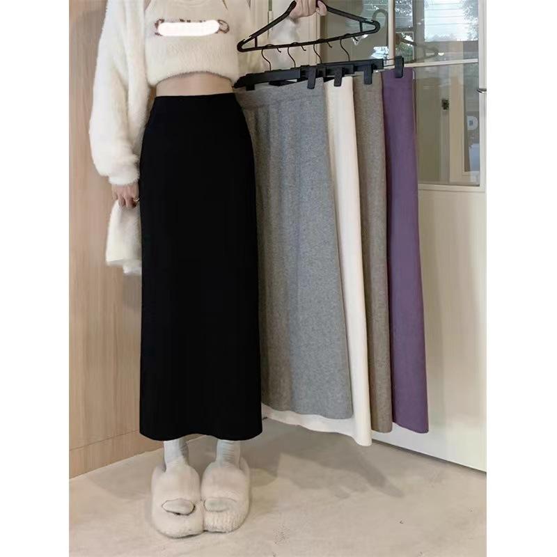 Women's Casual Slimming Knit Skirt High-waisted Straight-leg Bodycon Skirt Over Knee Long Yarn Tweed Style