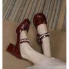 High Heels Women's 2025 Autumn Bow French Temperament Burgundy Evening Pearl Single Shoes Mary Jane Small Leather Shoes