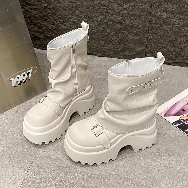 Fashion Women Leather Boots New Winter Motorcycle Boots 9.5CM Wedge Heels High Platform Chunky Shoes Woman Autumn Thick Sole Punk Boots