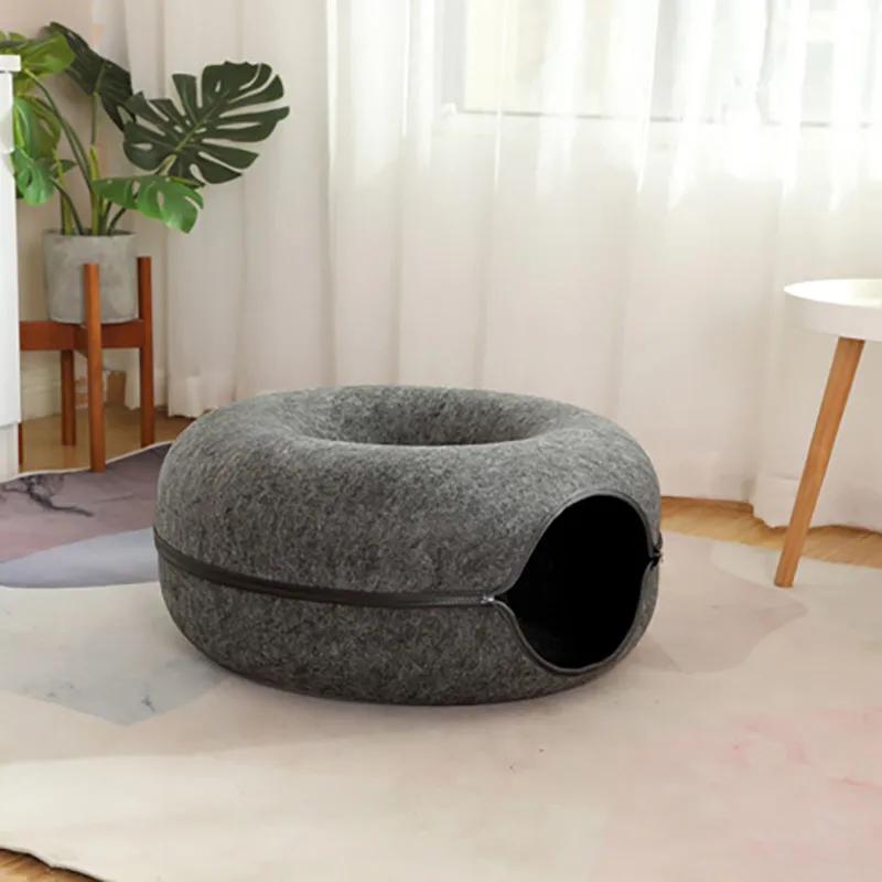 Donut Cat Bed Tunnel Interactive Bed Toy House for 2 Cats Felt Pet Cat Half Closed Cave Indoor Training Kennel Toy Pets Supplies