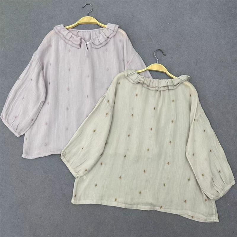 Johnature Summer Embroidered Ruffle Collar Shirts Women Casual Loose Versatile Thin Vintage Tops