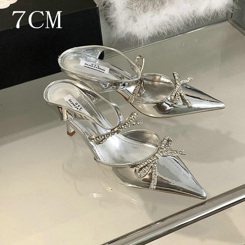 Fashion Advanced Sense ~! Silver Patent Leather Rhinestone Bow Pointy Half Slippers For Women With Fine Heels And High Heels