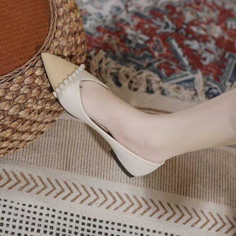 Fashion Splicing Color Pearl Pointed Toe Woman Flats Promotion Spring and Autumn Chic Point Comfortable Elegant Slip-on Shoes for Women