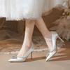 White Rhinestone High-heeled Shoes for Women New Pointed Thin Heel Satin French Wedding Dress Single Shoes Zaptos Mujer