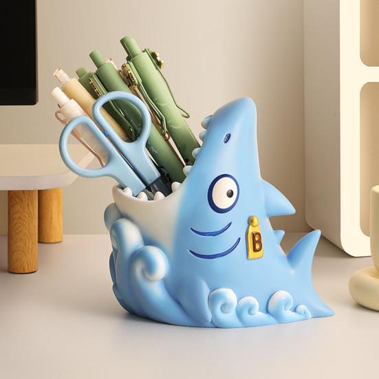 Shark Shape Pen Holder Stable Non-Slip Design Storage Box Large Capacity Stationery Makeup Brush Toothbrush Organizer