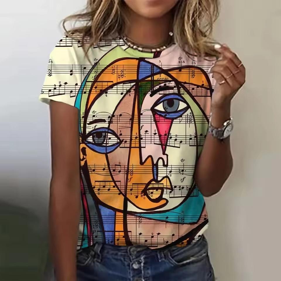 Summer Round Neck Facial Painting 3D Print Top Fashionable Casual Short Sleeved Women's T-shirts