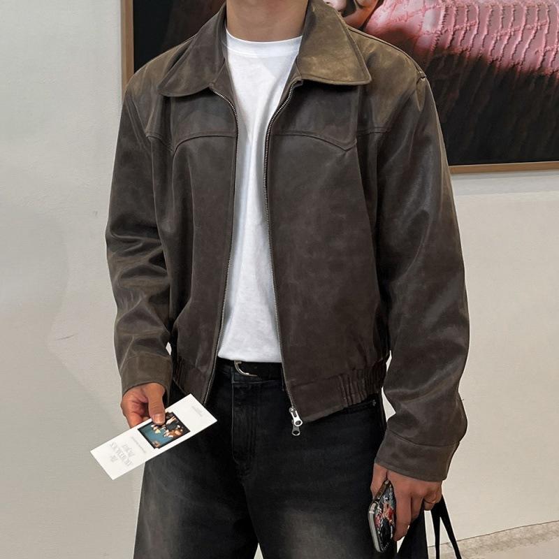 Spring Autumn Vintage Lightweight Distressed Washed Brown Pu Leather Jacket Men Zipper Casual Korean Fashion Clothes