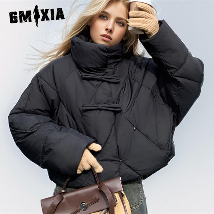 GMXIA Women's Vintage Casual Solid Color Print Autumn Winter Long Sleeve Stand Up Jackets & Coats