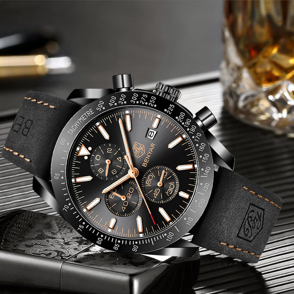 BY BENYAR Watch Watch Chronograph Analog Watch 30M Water Resistant Business Simple Stylish Popular Formal Leather Belt Quartz Watch Gift for Men Brown