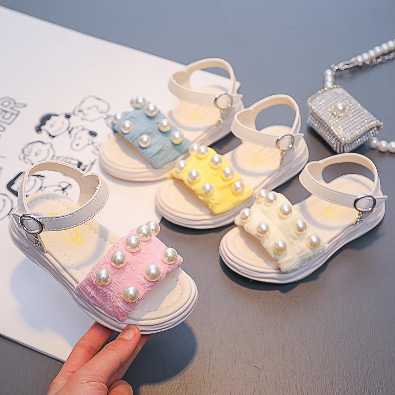 Girls Thick Soled Sandals Kids Summer Pearl Shoes Elegant Party Princess Open-toe Flats Casual Fashion Children's Beach Sandals