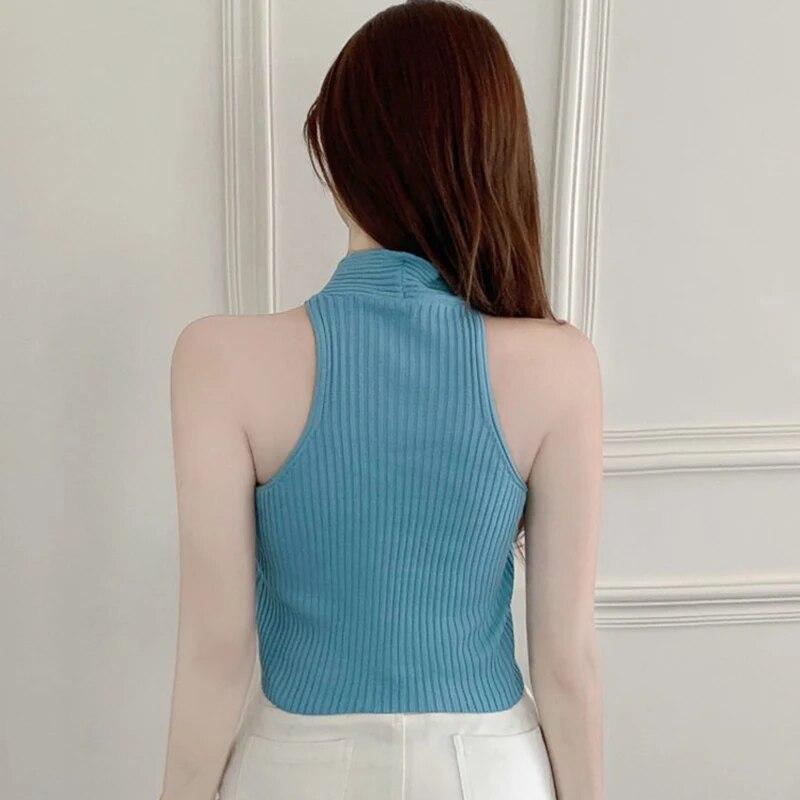 Women's Knitted Camisole Halterneck Lightweight Crop Top Solid T Shirt Sleeveless Tank Top Criss Cross Casual Base Shirt