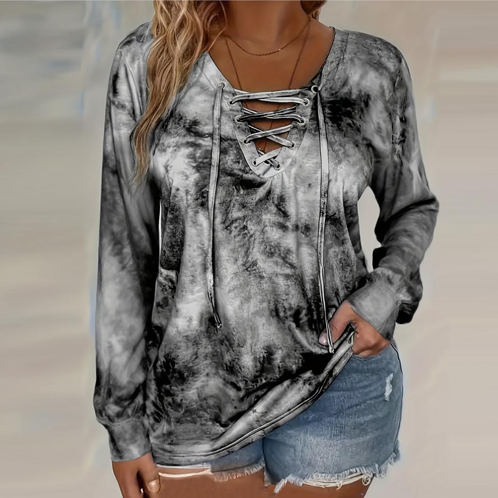 Women's Fashionable Loose-Fit Plus-Size Tie-Dye Printed Long-Sleeve T-Shirt