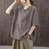 Fashion Cotton Linen T Shirt Women Half Lapel Short Sleeve Summer Trend Vintage Pocket Large Size Loose Plaid