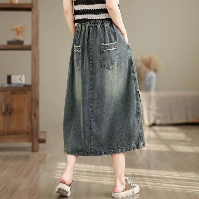 Plus Size Women's Summer Dress Ethnic Style Loose Denim Skirt Skirt Spring and Autumn A-line Mid-length Skirt