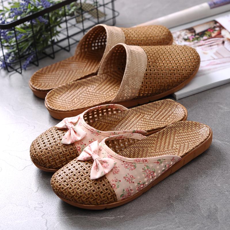 Summer Men/Women Flat Slippers Casual Slides Floral Bow Linen Women Sandals Indoor Shoes