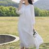 Woman Summer Vintage Long Sleeves A-Line Dress O-Neck Splicing Loose Solid Color Casual Dress