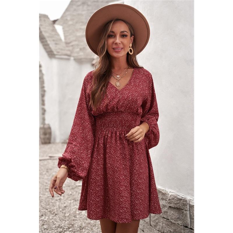 Polka Dot Dress Women's Pullover V-neck Long-sleeved Pleated Waist Slim Skirt