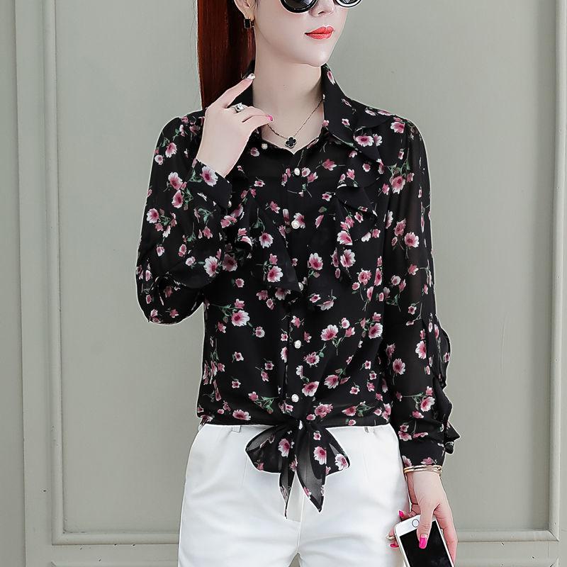 Women Elegant Print Chiffon Blouse Spring Summer Casual Long Sleeve Loose Shirt Office Lady Sweet Tops