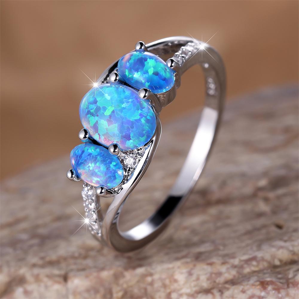 Blue Fire Opal Three Stone Ring Cute Oval Birthstone Engagement Rings For Women Vintage Charm Color Wedding Bands Jewelry