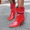 Fashion 2025 Motorcycle Western Cowgirl Boots Faux Leather Cowboy Ankle Botas Women Wedge High Heel Boots Chunky Botas Mujer Size 34-43