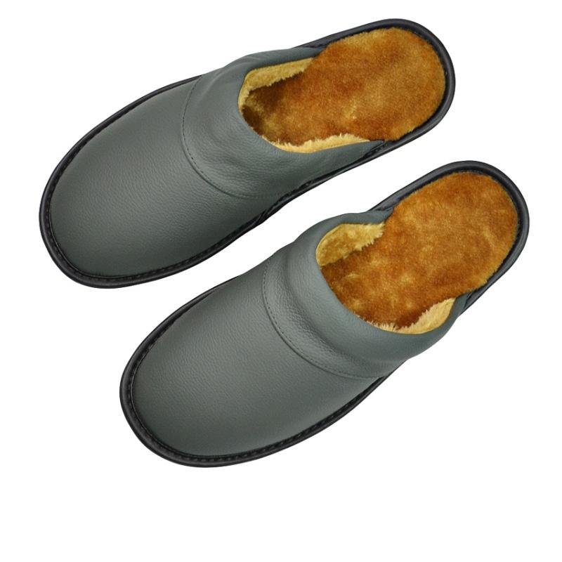 Fleece Warm Winter Cow Split Leather Unisex Handmade Slippers Slip On Soft Comfortable Bedroom Indoor Flats Men Women Padded Warm Slippers Shoes