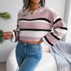 Women Autumn Winter O Neck Long Sleeve Striped Crop Loose Knit Pullover