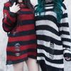 Gothic Punk Hole Stripe Tshirt Women Pastel Goth Fairy Grunge Harajuku Top Oversized Dark Aesthetic Plus Size Clothes
