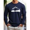 Men's Loose Fit Comfortable Casual Sports Mountain Reflection Pattern Printed Round Neck Long Sleeved T-shirt