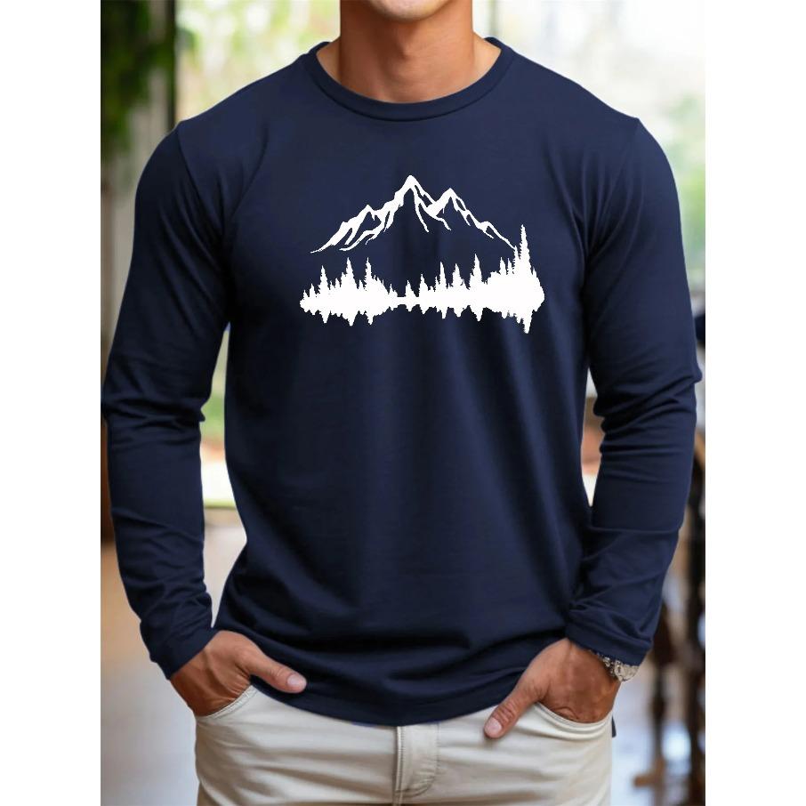 Men's Loose Fit Comfortable Casual Sports Mountain Reflection Pattern Printed Round Neck Long Sleeved T-shirt