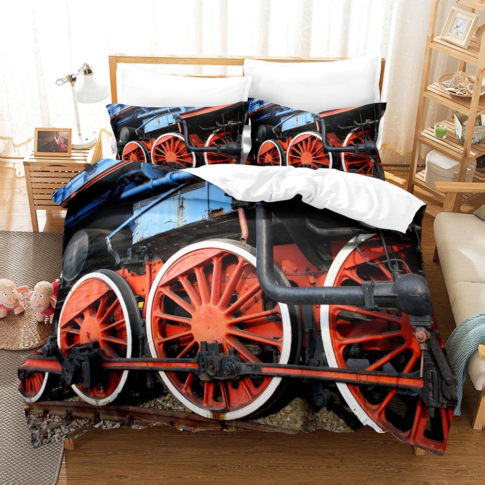 Steam Engine Duvet Cover Set Locomotive Green Black Train On Steel Railway Track Travel Adventure Graphic Print King Queen Size