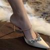Temperament Pointed Satin Rhinestone Bag Head Half Slippers Women's Outer Wear 2025 Spring and Summer New Stiletto High-heeled Sandals