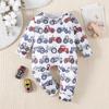Infant Baby Boy Cute Cartoon Tractor Full Print Comfy Long Sleeve Bodysuit