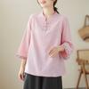 Summer Vintage Jacquard Cotton Linen Buttoned Seven Quarter Sleeve Shirt Women's Shirt Top Blouses & Shirts