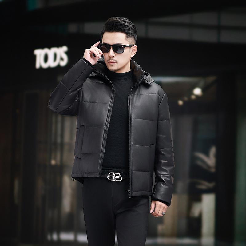Thickened Removal Cap Leather Leather Jacket Short Fashion Men's Leather Down Jacket