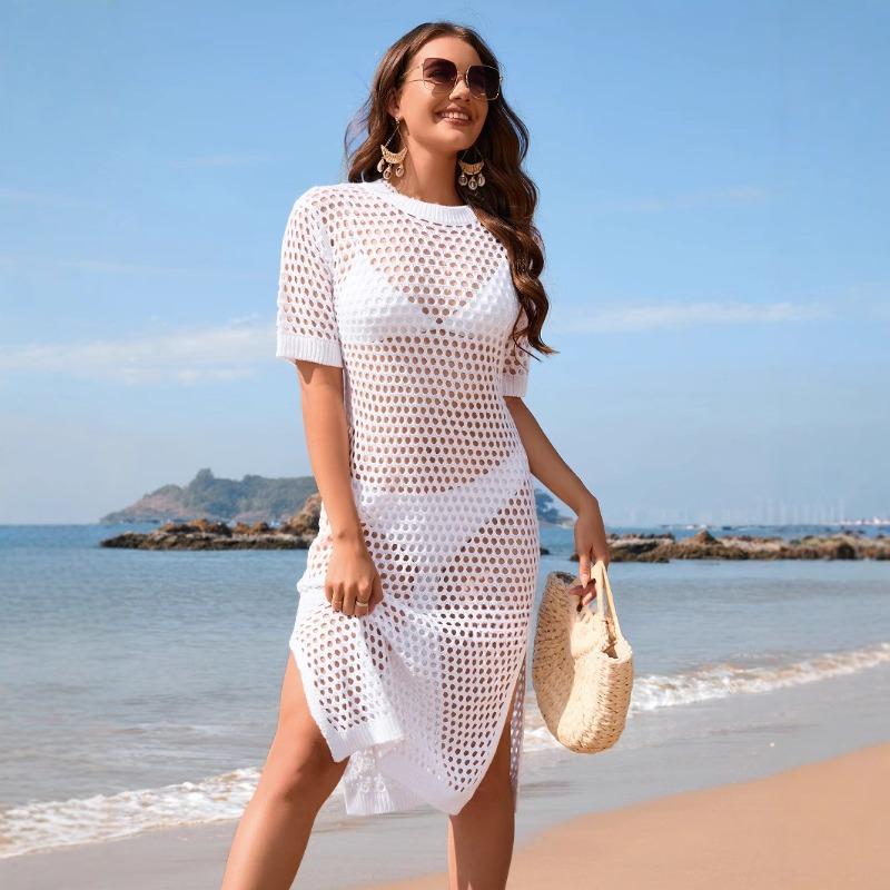 Women's Summer New Seaside Holiday Fashion Solid Color Short Sleeve Knitted Long Dress
