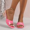 Temperament Slippers Foreign Trade Spot European and American Open-toed Summer Heel Large Size Crystal Square Head Medium Heel Slippers Women