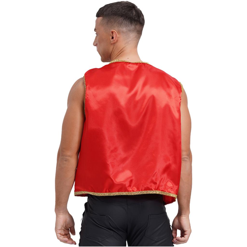 Mens Arabian Prince Costume Stain Vest Shiny Gold Trim Open Front Curved Waistcoat