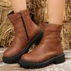 Fashion Leather Side Zipper Short Boots for Women Cross Border Round Toe Thick Soled Belt Buckle Rider Leather Boots