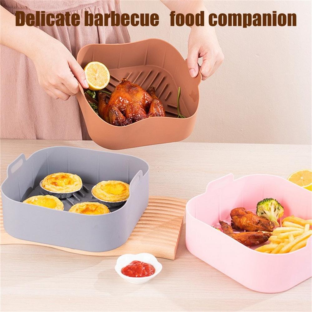 Silicone Air Fryer Pot Tray BBQ Barbecue Pad Plate Airfryer Oven Baking Mold Pot Food Safe Reusable Square Air Fryer Pan