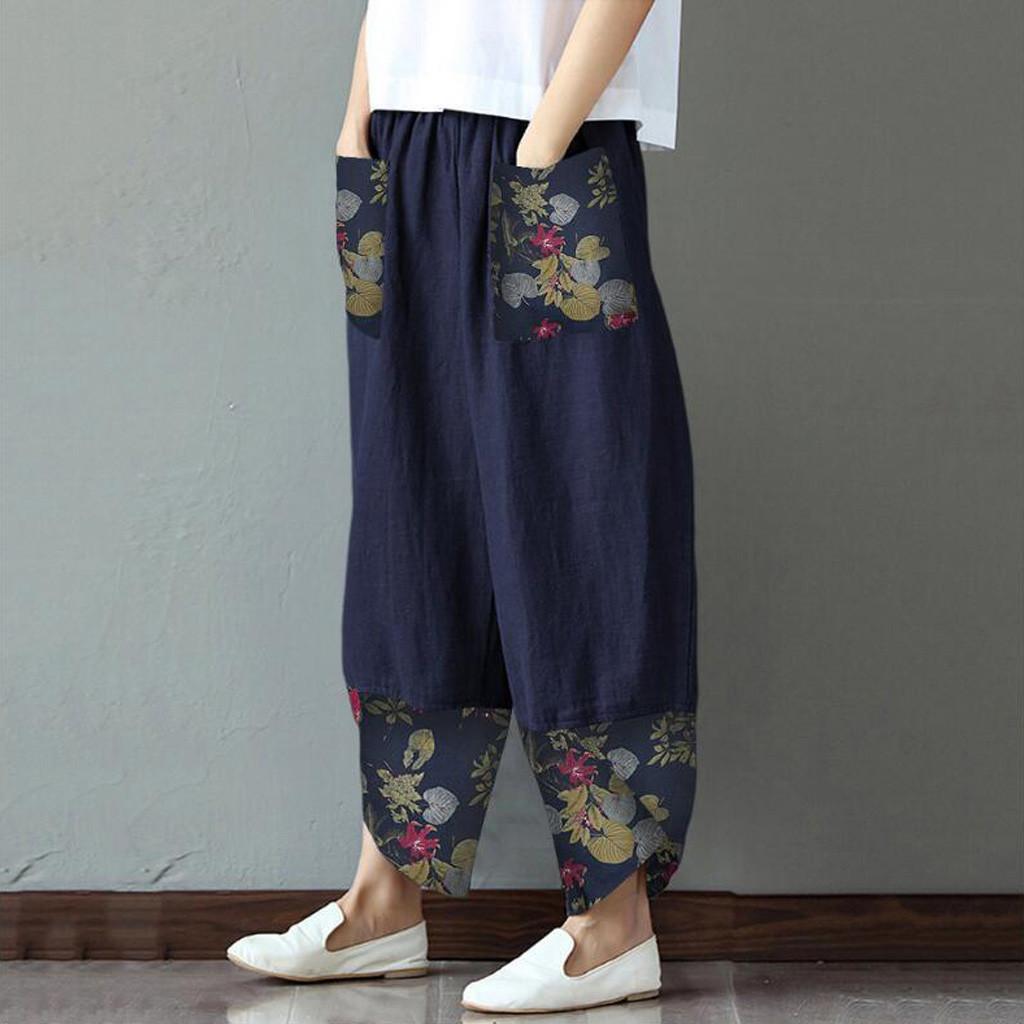 Women Casual Cotton Linen Print Patchwork Irregular Loose Wide Leg Pants