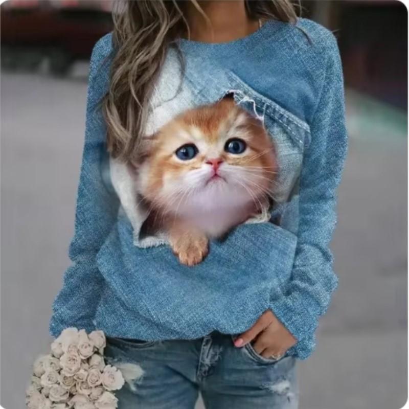 Kawaii Cat Women's Pullovers 3D Print Casual Long Sleeve Tees Oversized Harajuku Thin Hoodies Clothing Daily Tops