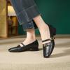 Soft Leather Retro Single Shoes Women's Thick Heel One-word Buckle with Mary Jane Shoes Commuter Single Shoes Camellia Black Work Shoes
