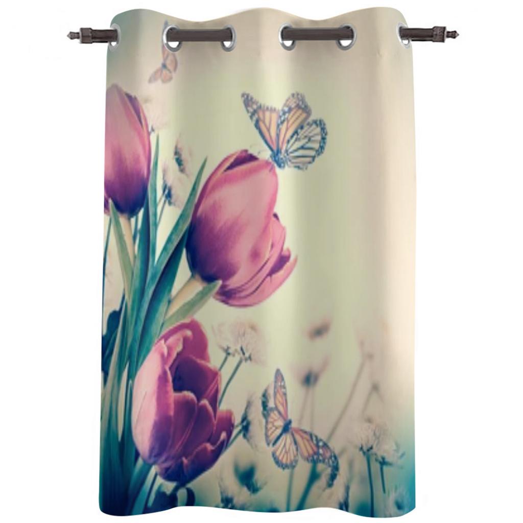 Bouquet Of Red Tulips And Butterfly Window Curtains For Living Room Kitchen Modern Curtains Home Decor Blinds Drapes
