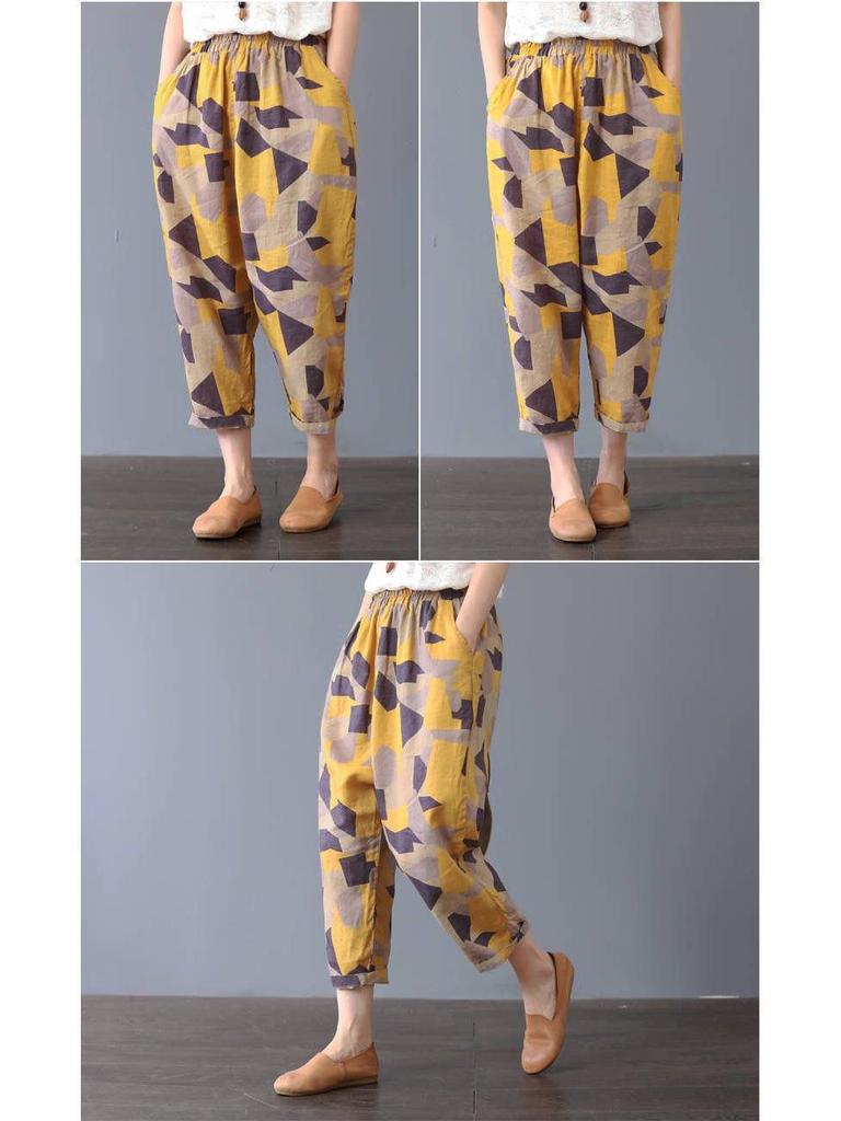 2023 Women's Cotton Linen Slimming Printed Harem Pants - Versatile, High-Quality Cropped Design