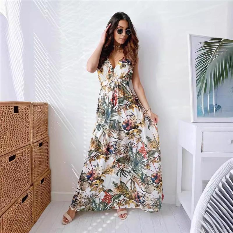 European And American Style Ladies Summer New Printed Halter Strap Dress V-neck Sleeveless Beach Vacation Casual Sun Skirt