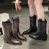 Модные ретро туфли с острым носком, модные большого размера, из искусственной кожи, ковбойские ботинки в западном стиле, обувь для женщин 2025, новые, на молнии, высокого качества, женские ботинки средней длины