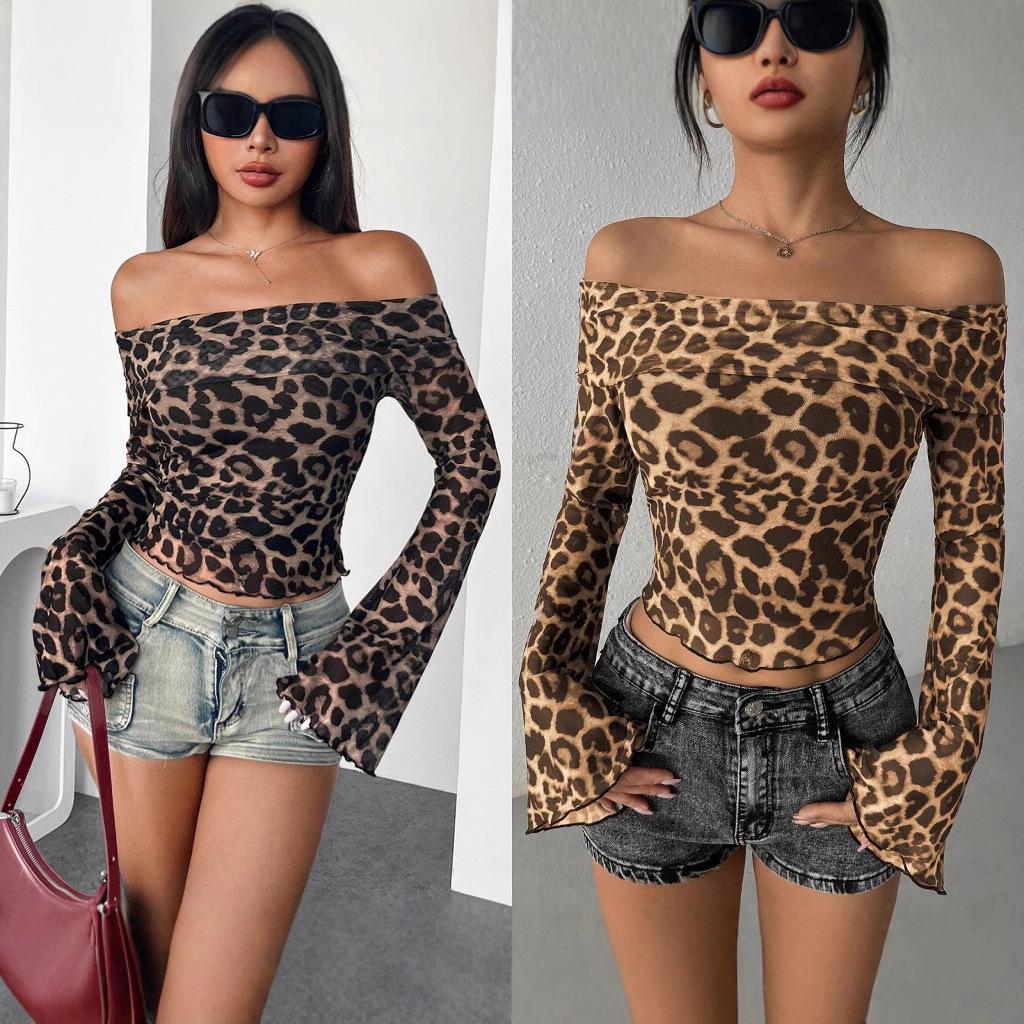 Women's One Shoulder Sexy Leopard Mesh Long Sleeve T-Shirt