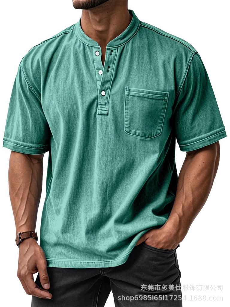 Men's Light Blue Short Sleeve Henley Shirt with Chest Pocket