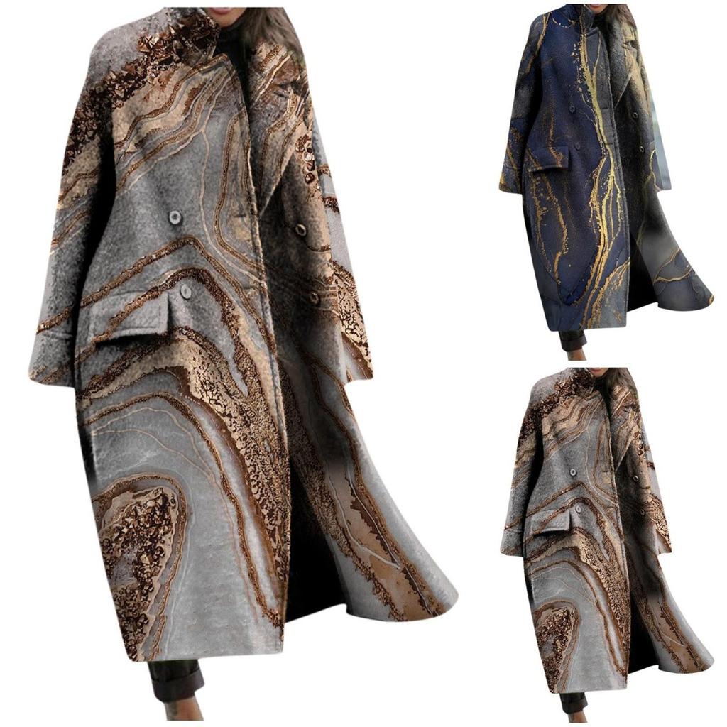 Women's Fashion Printed Pocket Long Sleeve Lapel Woolen Long Overcoat Coat